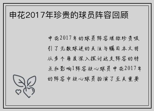 申花2017年珍贵的球员阵容回顾